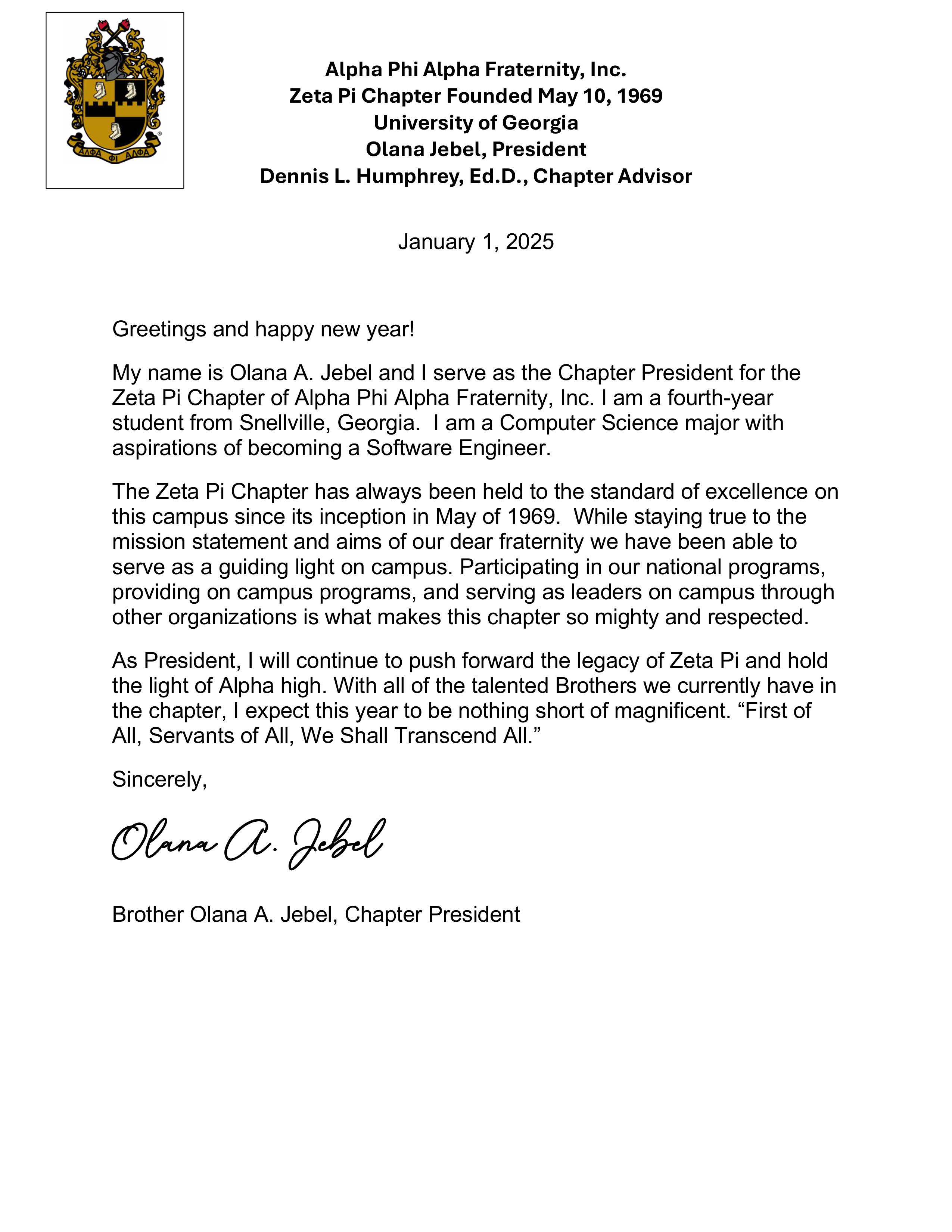 Bro. President Jebel Welcome Letter
